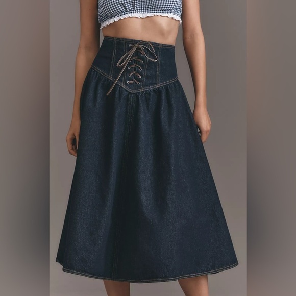 NWT! Anthropologie Pilcro Lace-Up Drop-Waist Denim Midi Skirt - Multiple🧡 - Picture 2 of 8